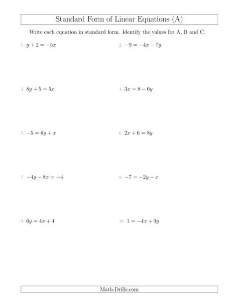 writing linear equations in standard form worksheet answers